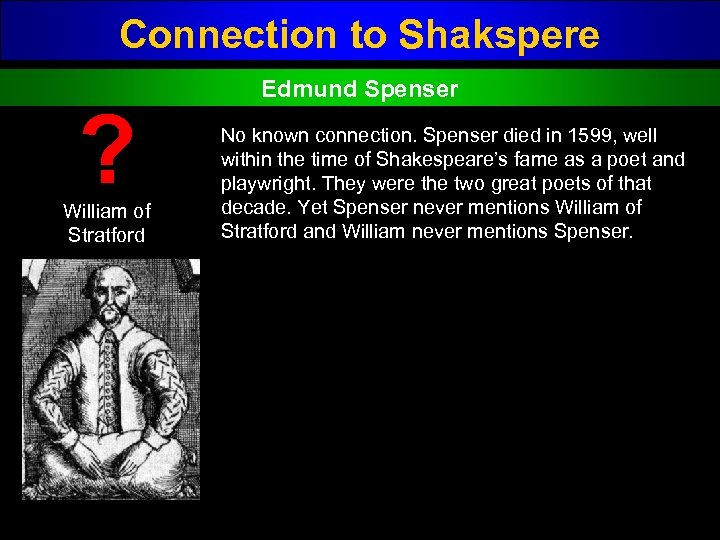 Connection to Shakspere ? William of Stratford Edmund Spenser No known connection. Spenser died