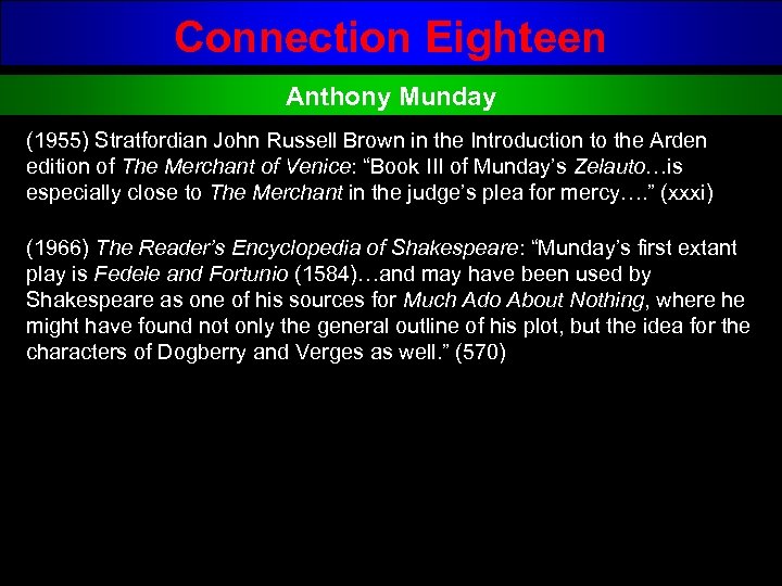 Connection Eighteen Anthony Munday (1955) Stratfordian John Russell Brown in the Introduction to the