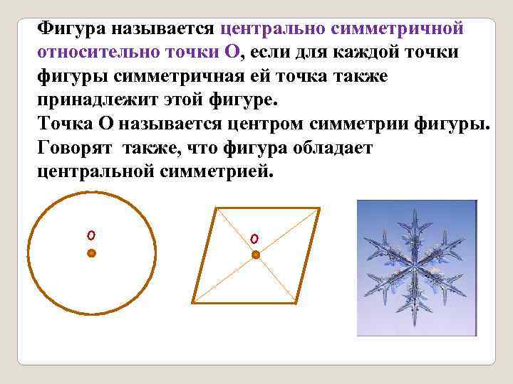 Фигура называется центрально симметричной относительно точки О, если для каждой точки фигуры симметричная ей