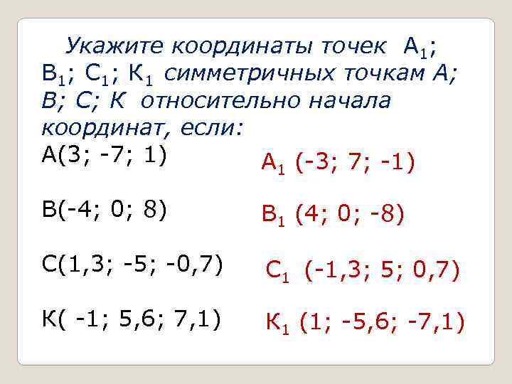 Укажите координаты точек А 1; В 1; С 1; К 1 симметричных точкам А;