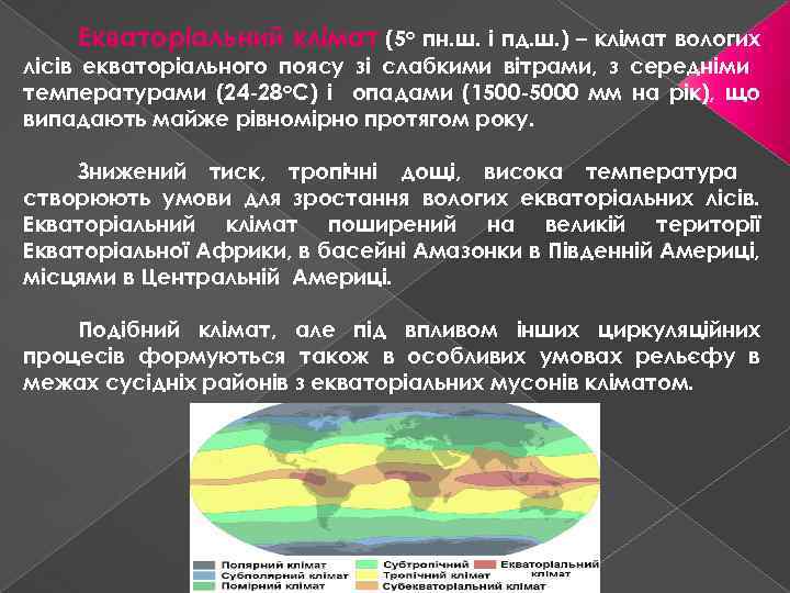 Екваторіальний клімат (5 о пн. ш. і пд. ш. ) – клімат вологих лісів