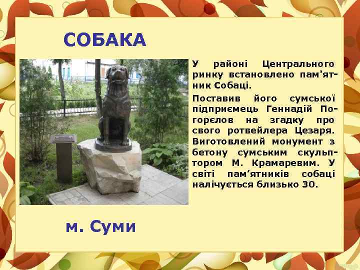 СОБАКА У районі Центрального ринку встановлено пам'ятник Собаці. Поставив його сумської підприємець Геннадій Погорєлов