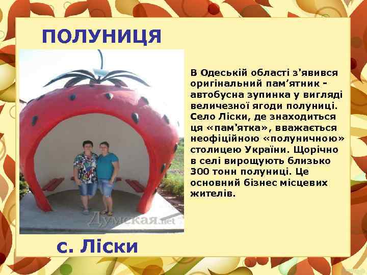 ПОЛУНИЦЯ В Одеській області з'явився оригінальний пам’ятник автобусна зупинка у вигляді величезної ягоди полуниці.