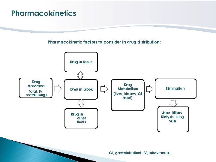 Pharmacokinetics Pharmacokinetic factors to consider in drug distribution: Drug in tissue Drug absorbed (oral,
