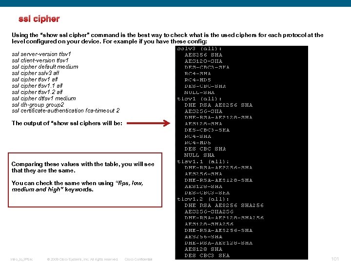 ssl cipher Using the “show ssl cipher” command is the best way to check
