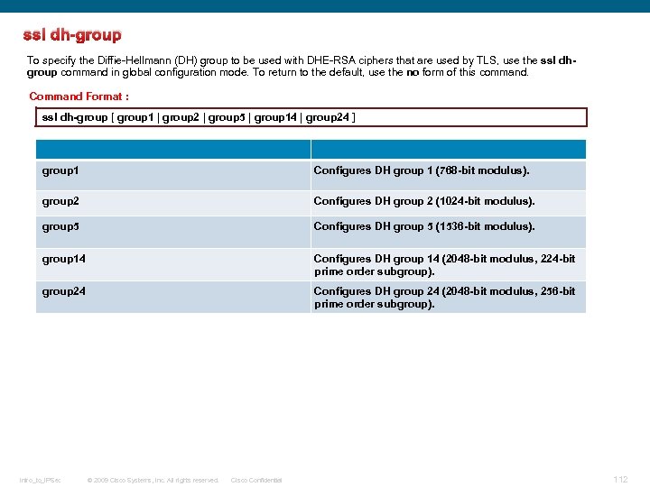 ssl dh-group To specify the Diffie-Hellmann (DH) group to be used with DHE-RSA ciphers