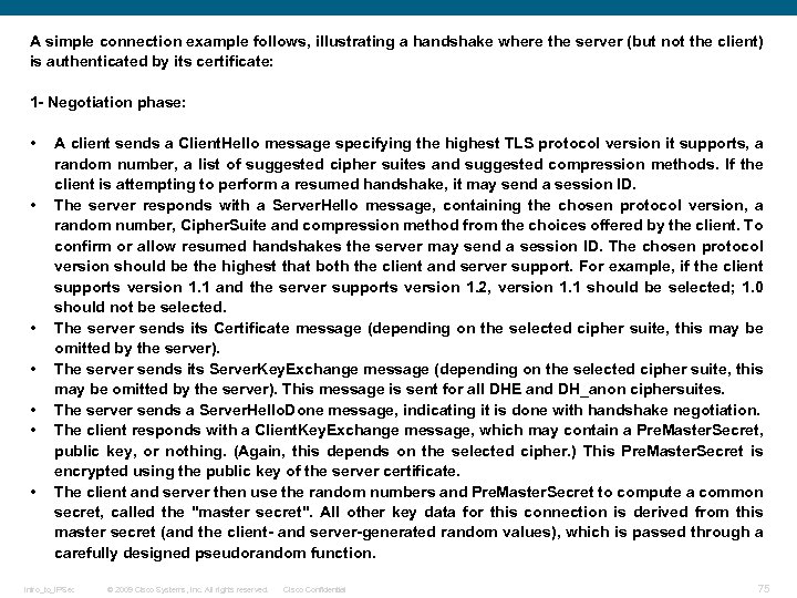 A simple connection example follows, illustrating a handshake where the server (but not the