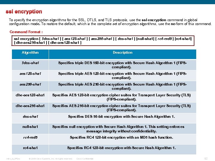ssl encryption To specify the encryption algorithms for the SSL, DTLS, and TLS protocols,