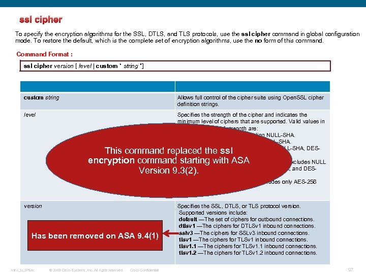 ssl cipher To specify the encryption algorithms for the SSL, DTLS, and TLS protocols,