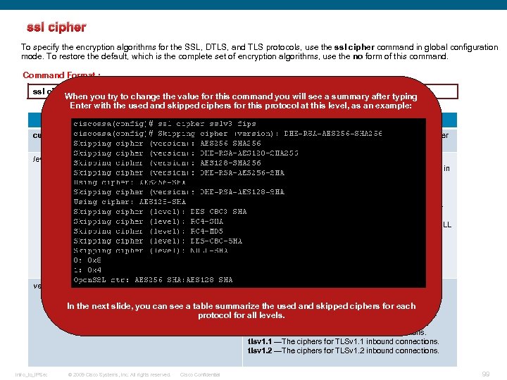 ssl cipher To specify the encryption algorithms for the SSL, DTLS, and TLS protocols,