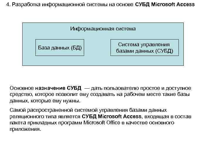 4. Разработка информационной системы на основе СУБД Microsoft Access Информационная система База данных (БД)