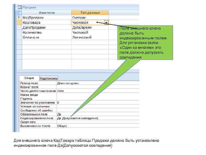 Поле внешнего ключа должно быть индексированным полем. Для установки связи «Один ко многим» это