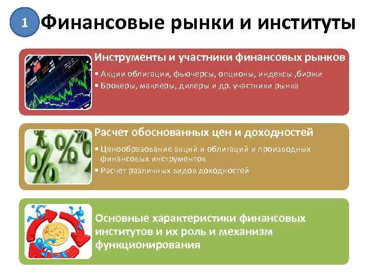 1 Финансовые рынки и институты Инструменты и участники финансовых рынков • Акции облигации, фьючерсы,