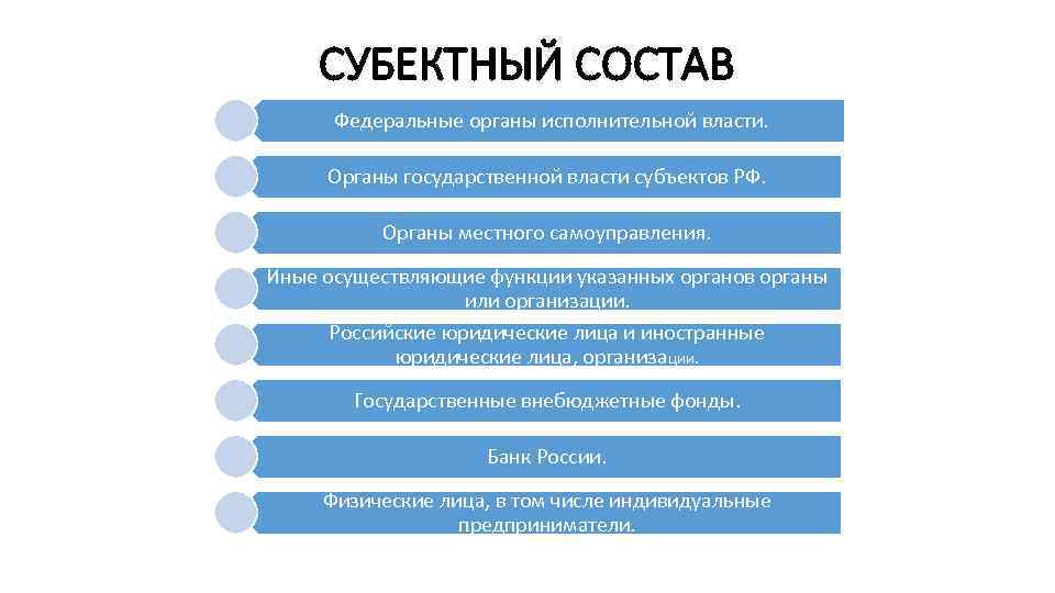 СУБЕКТНЫЙ СОСТАВ Федеральные органы исполнительной власти. Органы государственной власти субъектов РФ. Органы местного самоуправления.