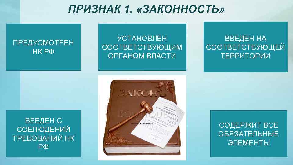 ПРИЗНАК 1. «ЗАКОННОСТЬ» ПРЕДУСМОТРЕН НК РФ ВВЕДЕН С СОБЛЮДЕНИЙ ТРЕБОВАНИЙ НК РФ УСТАНОВЛЕН СООТВЕТСТВУЮЩИМ