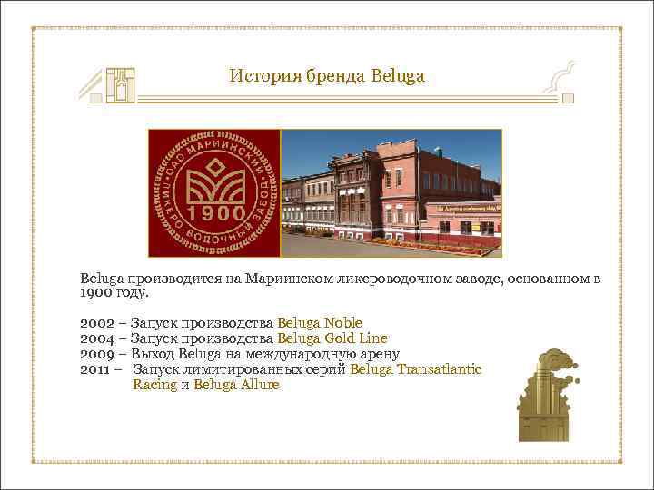 История бренда Beluga производится на Мариинском ликероводочном заводе, основанном в 1900 году. 2002 –