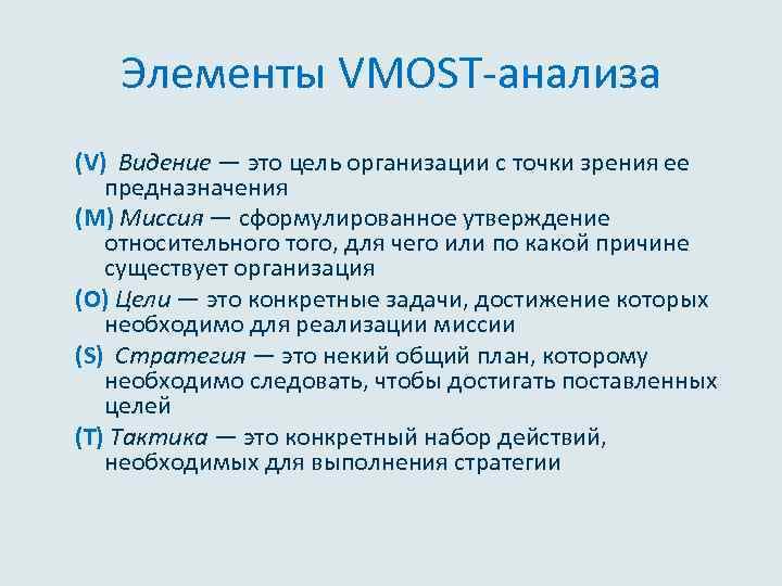 Элементы VMOST-анализа (V) Видение — это цель организации с точки зрения ее предназначения (M)