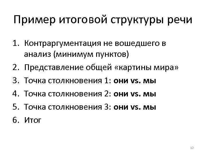 Пример итоговой структуры речи 1. Контраргументация не вошедшего в анализ (минимум пунктов) 2. Представление