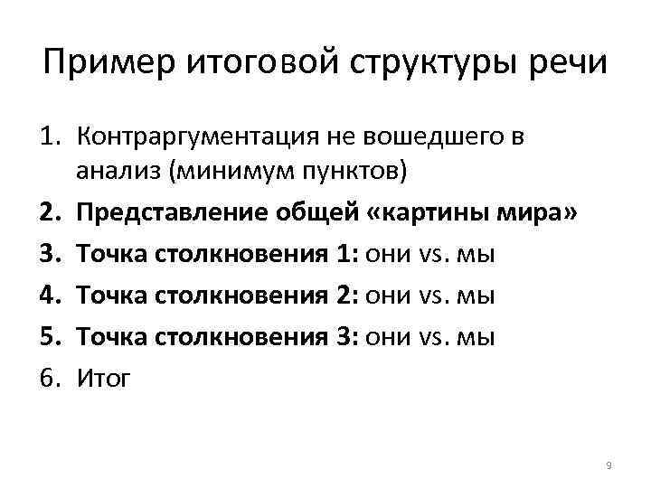 Пример итоговой структуры речи 1. Контраргументация не вошедшего в анализ (минимум пунктов) 2. Представление