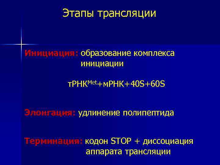 Этапы трансляции Инициация: образование комплекса инициации т. РНКMet+м. РНК+40 S+60 S Элонгация: удлинение полипептида