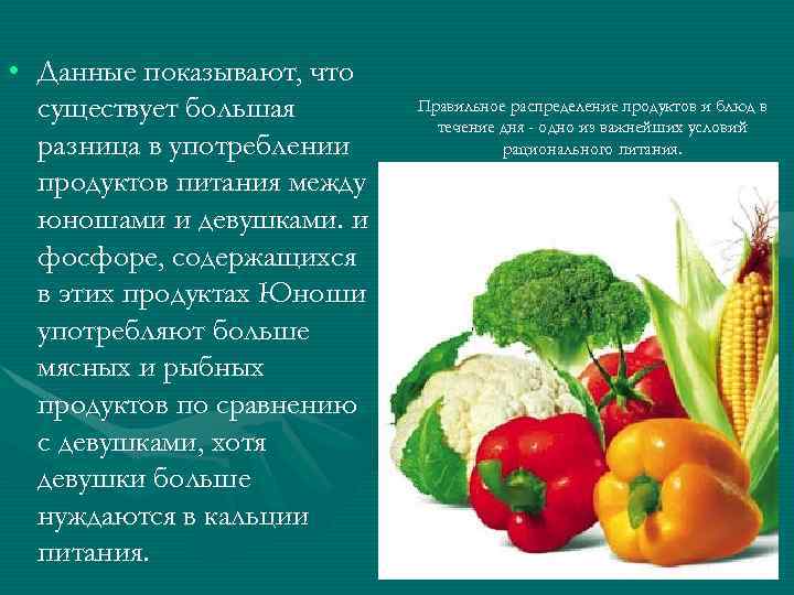  • Данные показывают, что существует большая разница в употреблении продуктов питания между юношами