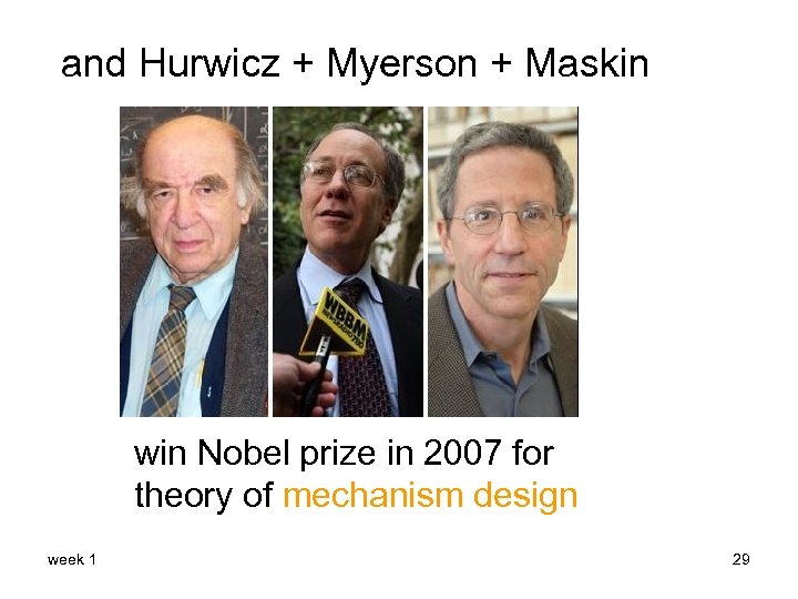 and Hurwicz + Myerson + Maskin win Nobel prize in 2007 for theory of