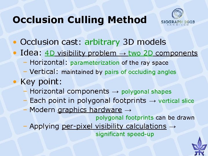 Occlusion Culling Method • Occlusion cast: arbitrary 3 D models • Idea: 4 D