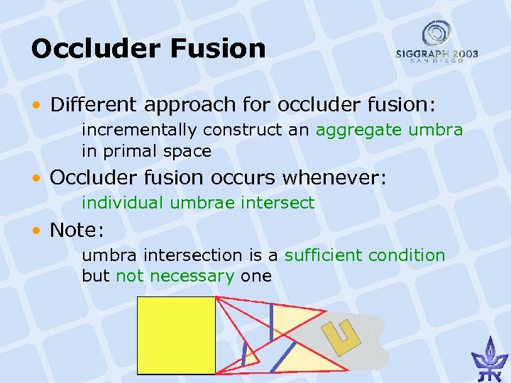 Occluder Fusion • Different approach for occluder fusion: incrementally construct an aggregate umbra in