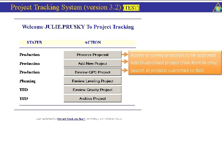 Access to survey proposals to be approved Add bluebooked project (FAA-Norfolk only) Search all