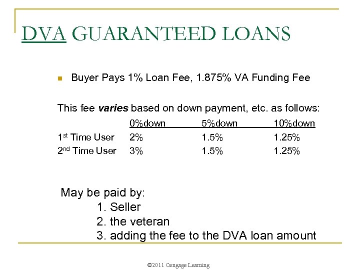 DVA GUARANTEED LOANS n Buyer Pays 1% Loan Fee, 1. 875% VA Funding Fee