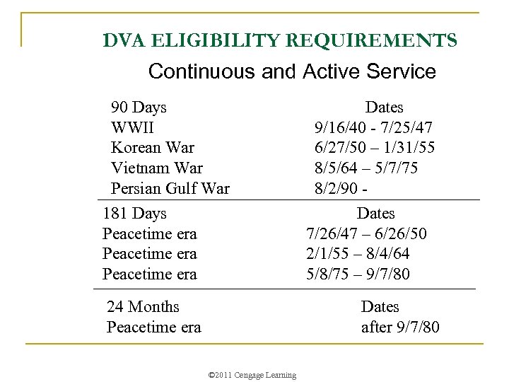 DVA ELIGIBILITY REQUIREMENTS Continuous and Active Service 90 Days WWII Korean War Vietnam War