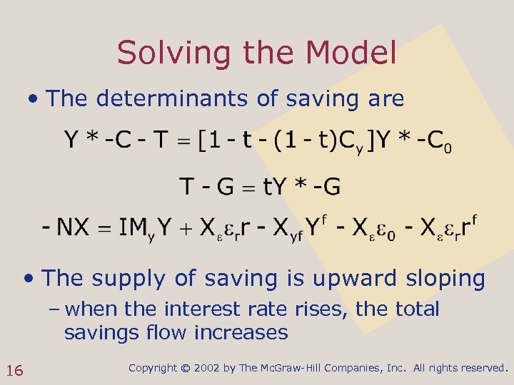 Solving the Model • The determinants of saving are • The supply of saving
