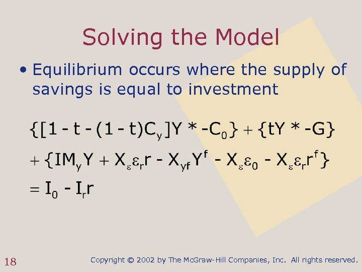 Solving the Model • Equilibrium occurs where the supply of savings is equal to