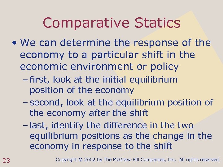 Comparative Statics • We can determine the response of the economy to a particular