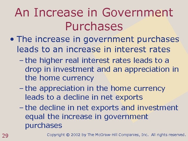 An Increase in Government Purchases • The increase in government purchases leads to an