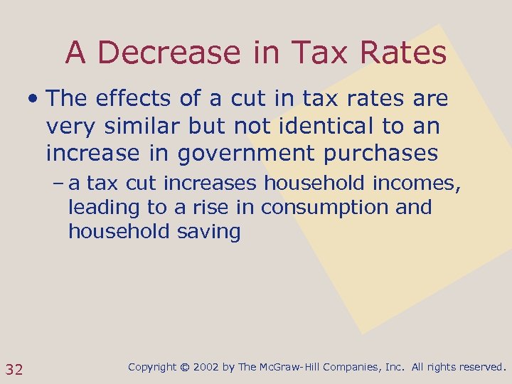 A Decrease in Tax Rates • The effects of a cut in tax rates