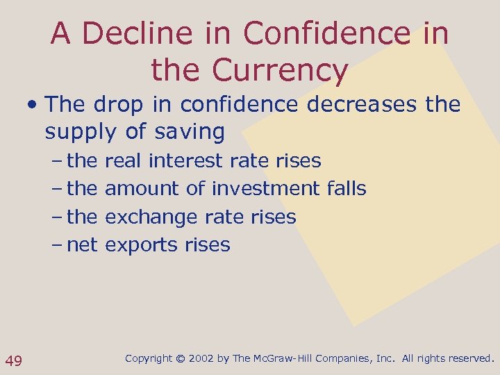 A Decline in Confidence in the Currency • The drop in confidence decreases the
