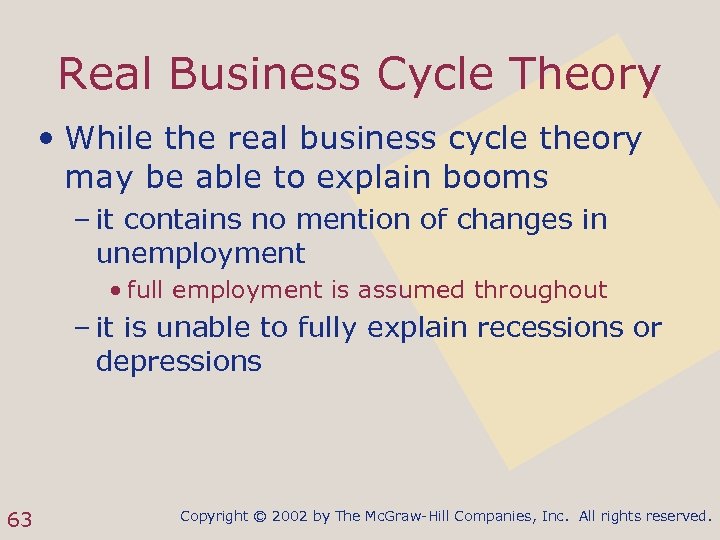 Real Business Cycle Theory • While the real business cycle theory may be able