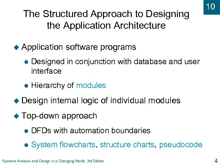 The Structured Approach to Designing the Application Architecture u Application 10 software programs l