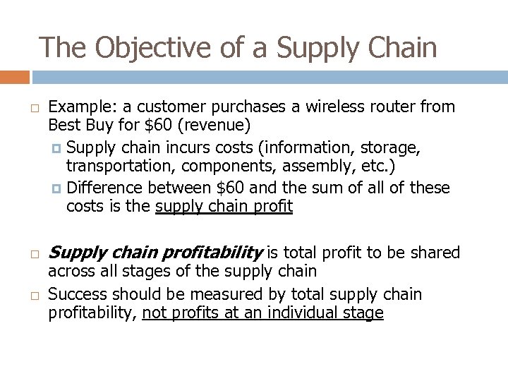 The Objective of a Supply Chain Example: a customer purchases a wireless router from