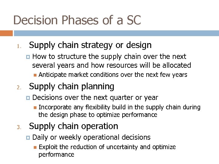 Decision Phases of a SC 1. Supply chain strategy or design How to structure