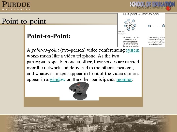 Point-to-point Point-to-Point: A point-to-point (two-person) video conferencing system works much like a video telephone.