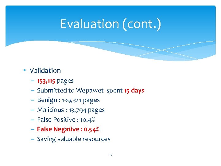 Evaluation (cont. ) • Validation – – – – 153, 115 pages Submitted to