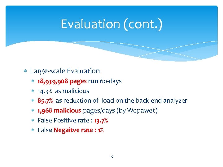 Evaluation (cont. ) Large-scale Evaluation 18, 939, 908 pages run 60 -days 14. 3%