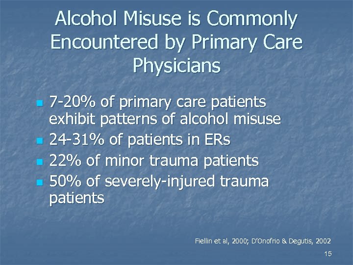 Alcohol Misuse is Commonly Encountered by Primary Care Physicians n n 7 -20% of