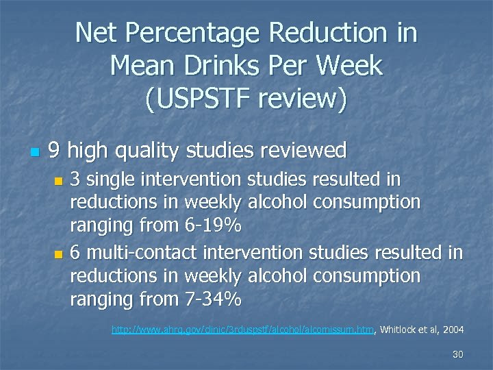 Net Percentage Reduction in Mean Drinks Per Week (USPSTF review) n 9 high quality