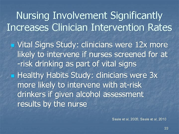 Nursing Involvement Significantly Increases Clinician Intervention Rates n n Vital Signs Study: clinicians were