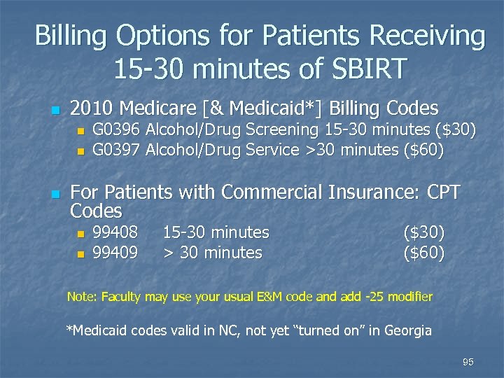 Billing Options for Patients Receiving 15 -30 minutes of SBIRT n 2010 Medicare [&