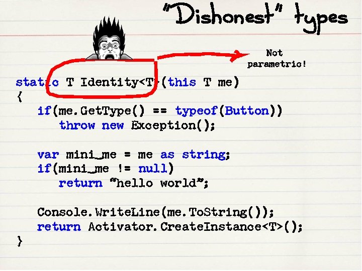 “Dishonest” types Not parametric! static T Identity<T>(this T me) { if(me. Get. Type() ==