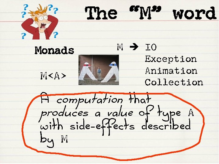 The “M” word Monads M<A> M IO Exception Animation Collection A computation that produces